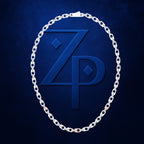 A silver chain necklace arranged in an oval around a large embossed blue 'ZP' monogram on a dark blue textured background.