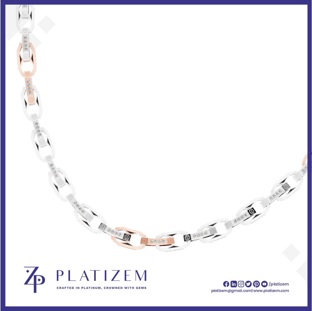A platinum chain necklace with alternating silver and rose gold oval links, accented with small clear gemstones, displayed on a white background with the Platinzem brand logo at the bottom.