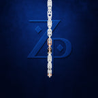 A close-up of a silver chain draped vertically over a dark blue textured background, with a small portion of a person's face visible behind the chain and a large stylized 'ZP' monogram behind it.