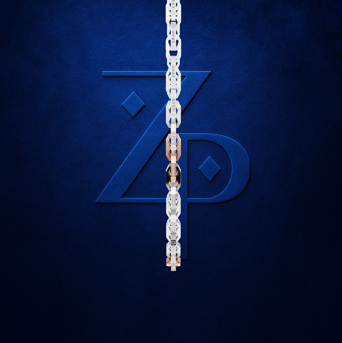 A close-up of a silver chain draped vertically over a dark blue textured background, with a small portion of a person's face visible behind the chain and a large stylized 'ZP' monogram behind it.