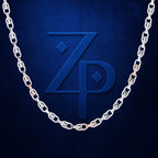 A silver-toned chain necklace draped in an arch over a dark blue textured background, with a large embossed stylized 'ZP' logo centered behind it.