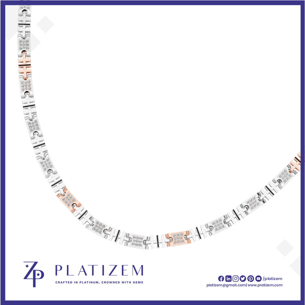 A curved display of a custom memorial necklace made of many small rectangular white tags with black text and a few rose-gold engraved sections, set against a white background with a blue border. The brand name PLATIZEM is visible at the bottom.