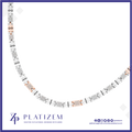 A curved display of a custom memorial necklace made of many small rectangular white tags with black text and a few rose-gold engraved sections, set against a white background with a blue border. The brand name PLATIZEM is visible at the bottom.