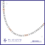 A curved display of a custom memorial necklace made of many small rectangular white tags with black text and a few rose-gold engraved sections, set against a white background with a blue border. The brand name PLATIZEM is visible at the bottom.