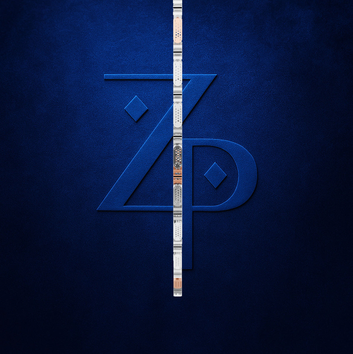 A silver and white striped golf club shaft with copper-colored ferrules, vertically aligned in front of a large embossed blue 'ZP' monogram on a textured dark blue background.