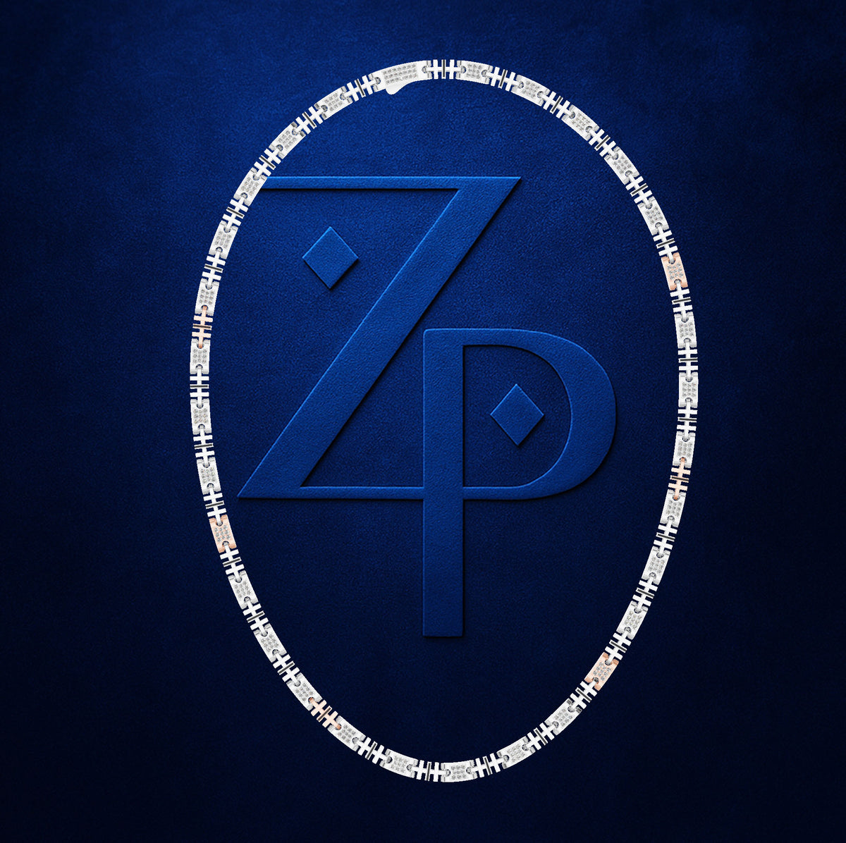 A dark blue textured square graphic featuring a large embossed-style 'ZP' monogram inside an oval border made of repeating small white and gray symbols, with a subtle drop shadow.