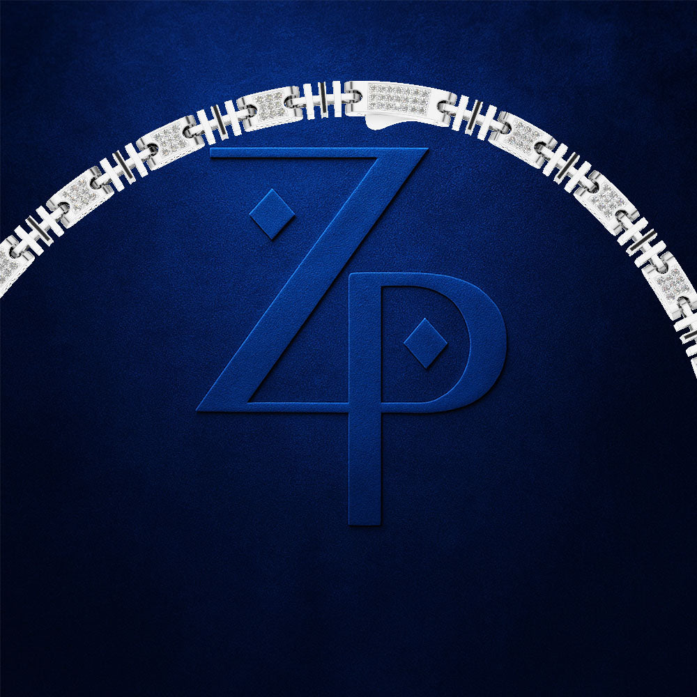 A stylized blue monogram logo reading 'ZP' centered on a dark blue textured background, with a curved silver puzzle-piece border arching above it.