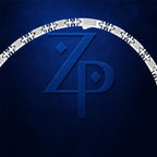 A stylized blue monogram logo reading 'ZP' centered on a dark blue textured background, with a curved silver puzzle-piece border arching above it.