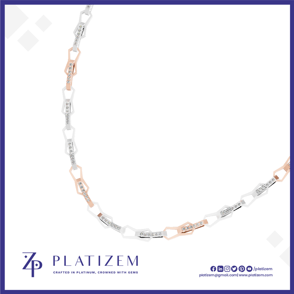 A platinum chain necklace with rose gold and white gold links, each inlaid with small clear gemstones, displayed on a white background with the Platizem brand logo at the bottom.