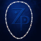 A silver-toned chain necklace arranged in an oval shape against a dark blue textured background, framing a large embossed stylized 'ZP' logo.