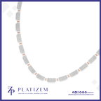 A platinum chain necklace with rectangular links paved with clear stones and accented with rose gold, displayed on a white background with the brand logo 'PLATIZEM' at the bottom.