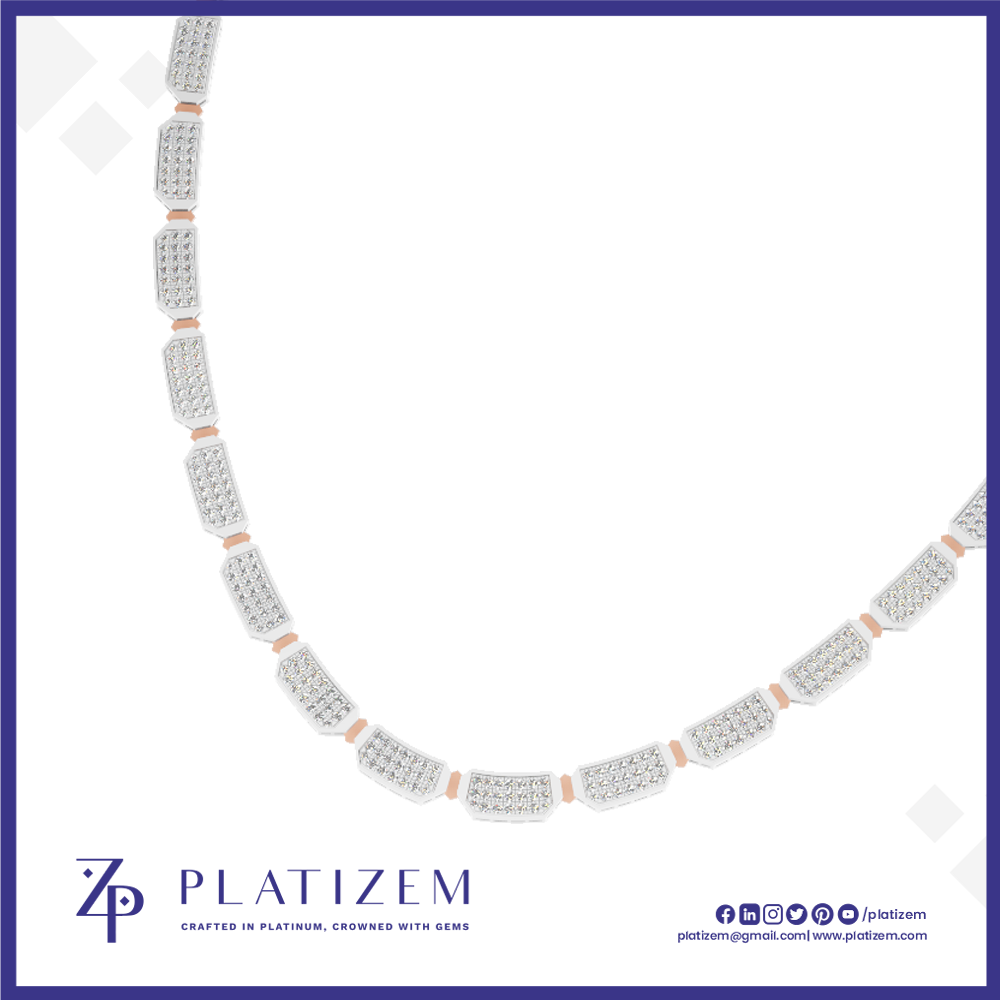 A platinum chain necklace with rectangular links paved with clear stones and accented with rose gold, displayed on a white background with the brand logo 'PLATIZEM' at the bottom.