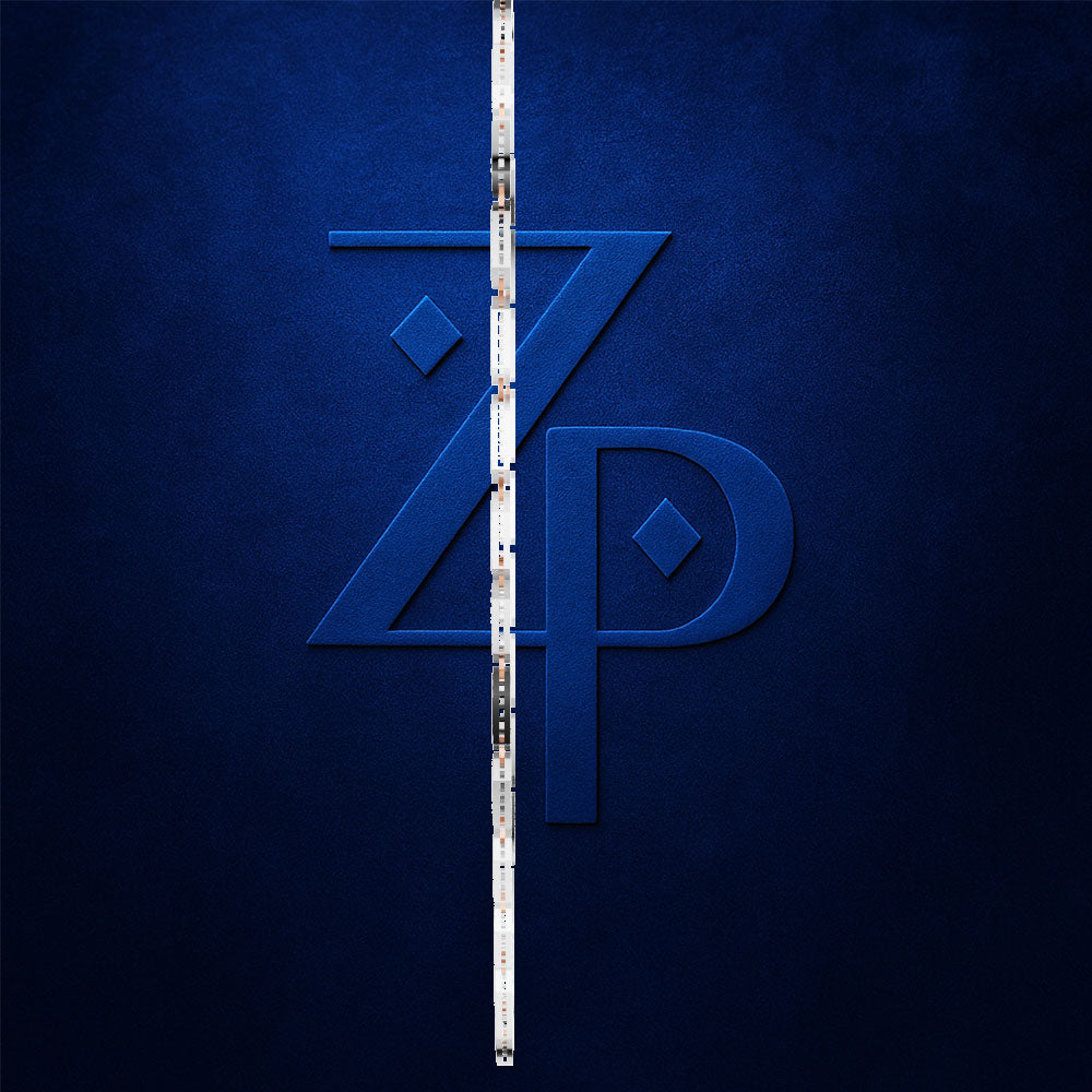 A stylized blue 'ZP' monogram logo centered on a dark textured blue background, with a vertical white ruler overlay running down the middle.