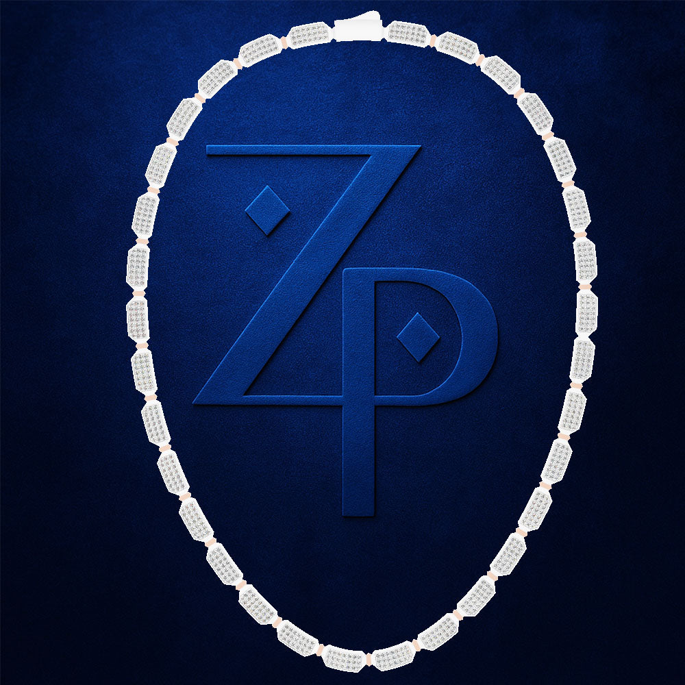 A white diamond necklace arranged in an oval shape against a textured dark blue background, framing a large embossed blue 'ZP' monogram.