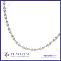 A Platizem chain necklace featuring silver-toned oval links with small rose gold accents, displayed on a white background with a blue border and brand logo.