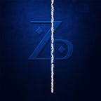 A dark blue textured background featuring a large stylized 'ZP' monogram in matching blue, with a vertical chain of clear gemstone-encrusted beads hanging down the center.