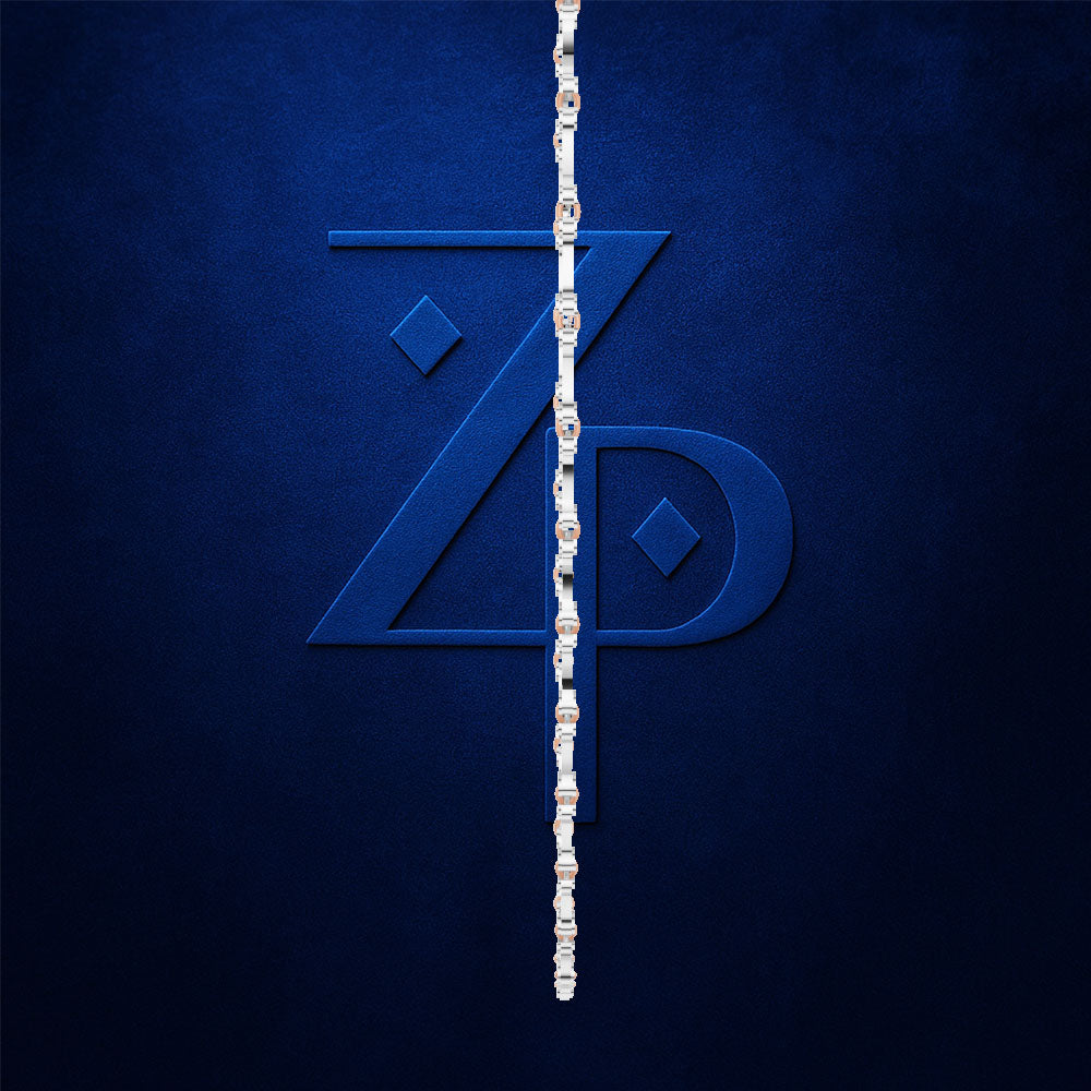 A dark blue textured background featuring a large stylized 'ZP' monogram in matching blue, with a vertical chain of clear gemstone-encrusted beads hanging down the center.