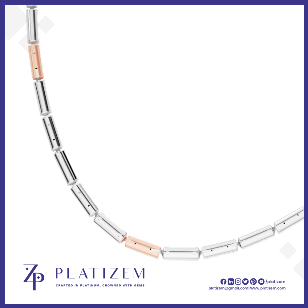 A close-up of a Platizem necklace featuring silver-toned rectangular links with rose gold accent links, displayed on a clean white background with the Platizem brand logo at the bottom.