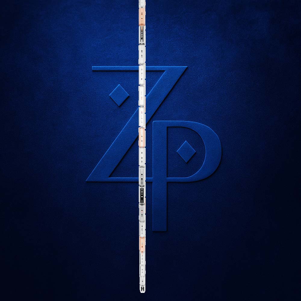 A white and black measuring tape vertically aligned in the center of a textured dark blue background, positioned in front of a large embossed stylized 'ZP' logo.