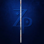 A white and black measuring tape vertically aligned in the center of a textured dark blue background, positioned in front of a large embossed stylized 'ZP' logo.