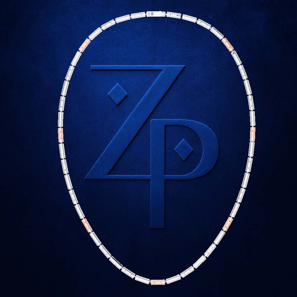 A circular necklace displayed on a textured dark blue background, featuring alternating white and rose gold rectangular links. In the center is a large, embossed blue monogram logo combining the letters 'Z' and 'P'.