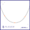 A silver-toned chain necklace with three small peach-colored accent links, displayed on a white background with a blue border and the PLATIZEM brand logo at the bottom.