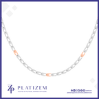 A silver-toned chain necklace with three small peach-colored accent links, displayed on a white background with a blue border and the PLATIZEM brand logo at the bottom.