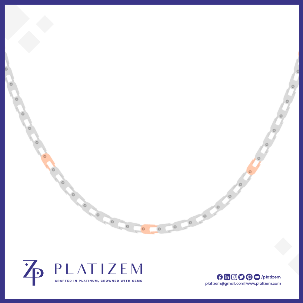 A silver-toned chain necklace with three small peach-colored accent links, displayed on a white background with a blue border and the PLATIZEM brand logo at the bottom.