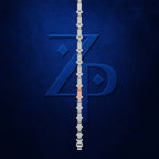 A close-up of a dark blue textured background with a large stylized 'ZP' monogram in the center, partially overlaid by a vertical chain-link style graphic in silver and white, with a small peach accent near the bottom.