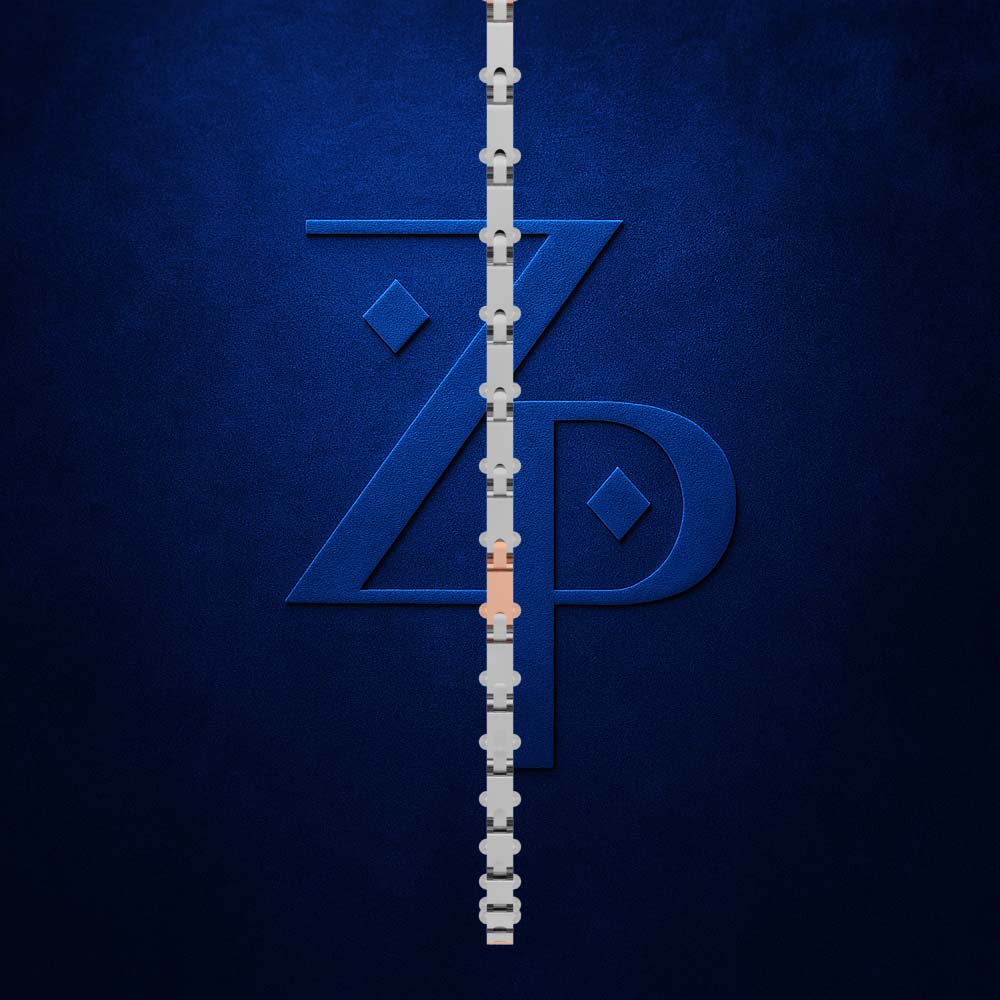 A close-up of a dark blue textured background with a large stylized 'ZP' monogram in the center, partially overlaid by a vertical chain-link style graphic in silver and white, with a small peach accent near the bottom.