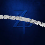 A close-up of a silver metal chain with a central lock or clasp, set against a dark textured blue background with a large stylized blue ZP logo behind it.