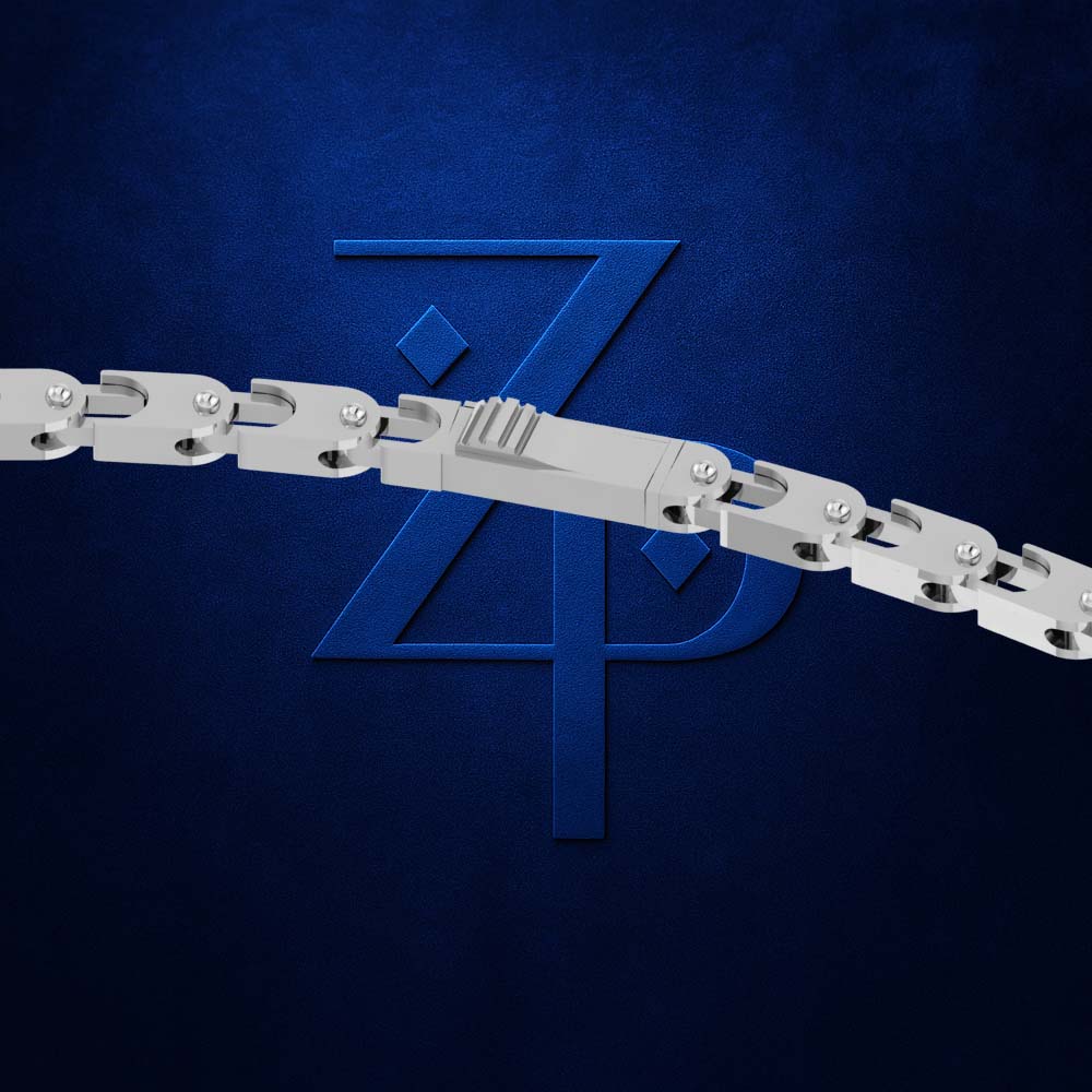 A close-up of a silver metal chain with a central lock or clasp, set against a dark textured blue background with a large stylized blue ZP logo behind it.