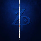 A vertical white measuring stick or ruler is centered over a large embossed stylized 'ZP' logo on a dark textured blue background.