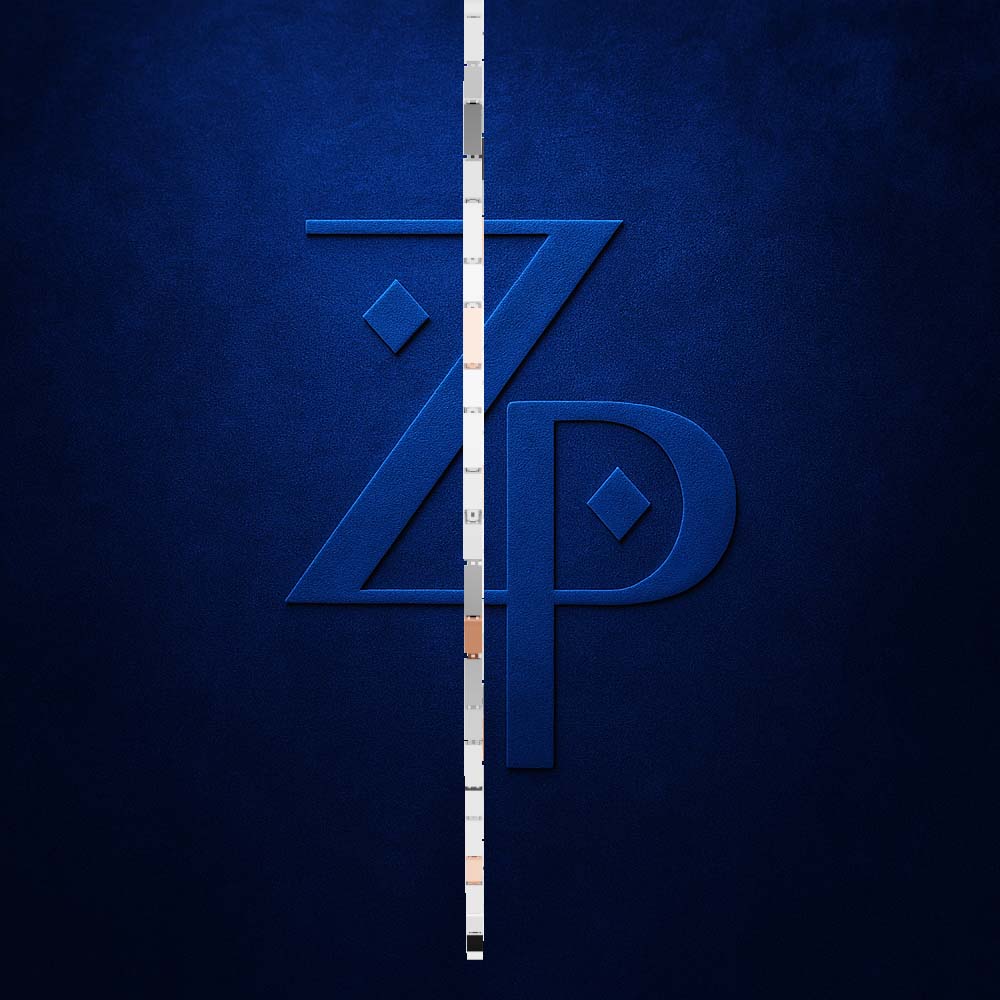 A vertical white measuring stick or ruler is centered over a large embossed stylized 'ZP' logo on a dark textured blue background.