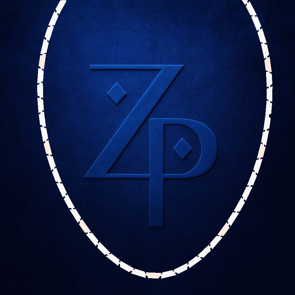 A dark blue textured background featuring a large embossed stylized 'ZP' monogram in the center, surrounded by a white stitched oval border.