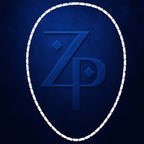 A dark blue textured background featuring a large embossed stylized 'ZP' monogram inside an oval border outlined with white stitching.