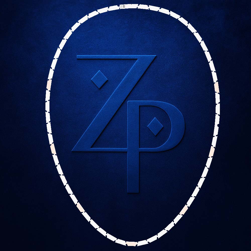 A dark blue textured background featuring a large embossed stylized 'ZP' monogram inside an oval border outlined with white stitching.