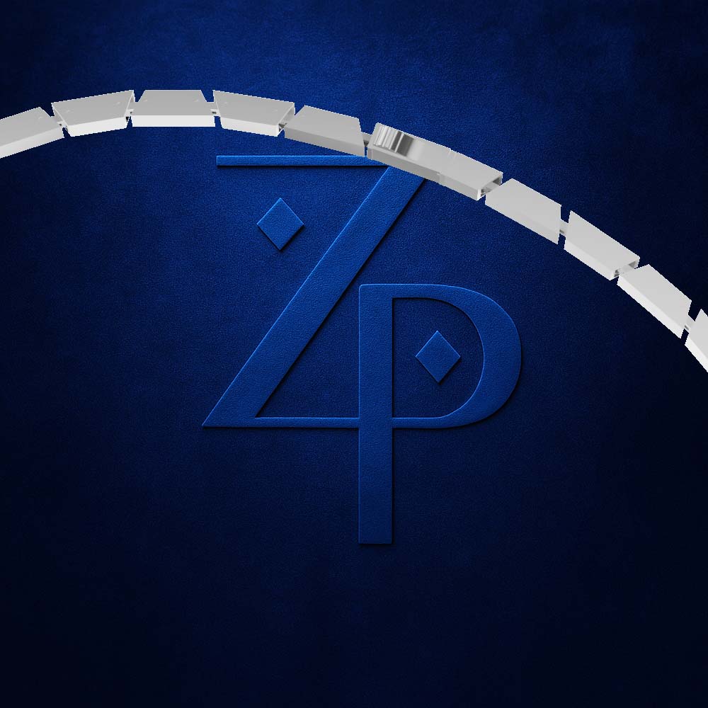 A close-up of a dark blue textured surface featuring a stylized interlocking 'Z' and 'P' monogram, with a curved row of metallic silver rectangular segments arching across the top.