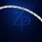 A close-up of a dark blue textured surface featuring a stylized interlocking 'Z' and 'P' monogram, with a curved row of metallic silver rectangular segments arching across the top.