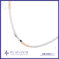 A close-up of a Platizem necklace featuring silver-toned rectangular links, diamond-shaped geometric motifs, and rose gold accents, displayed on a white background with the Platizem brand logo at the bottom.