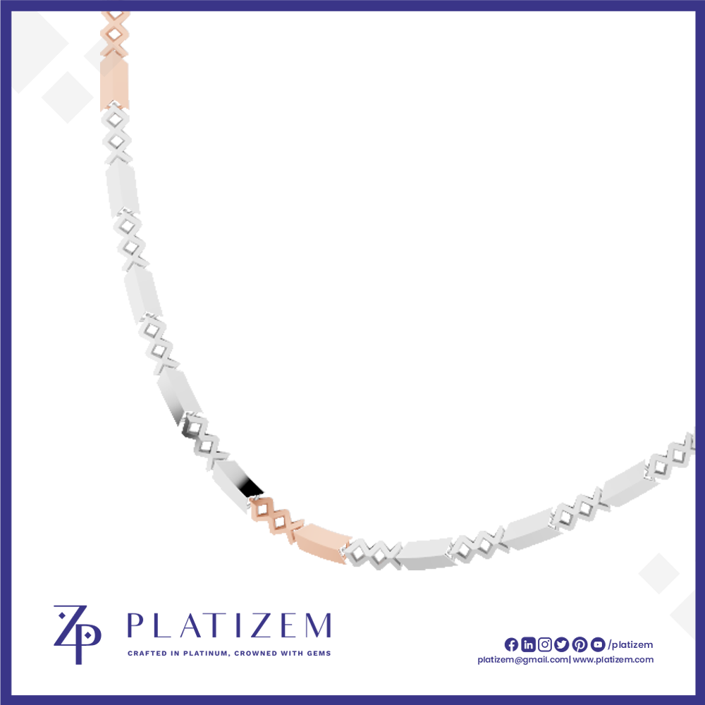 A close-up of a Platizem necklace featuring silver-toned rectangular links, diamond-shaped geometric motifs, and rose gold accents, displayed on a white background with the Platizem brand logo at the bottom.