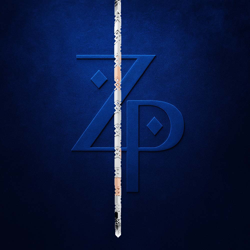 A vertical white patterned staff or wand is centered over a large embossed stylized 'ZP' monogram on a dark textured blue background.