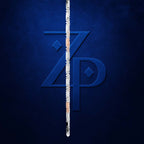 A vertical white patterned staff or wand is centered over a large embossed stylized 'ZP' monogram on a dark textured blue background.