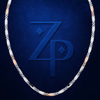 A beaded necklace arranged in an oval shape on a dark blue background, featuring alternating white, rose gold, and silver beads with a large embossed 'ZP' logo in the center.