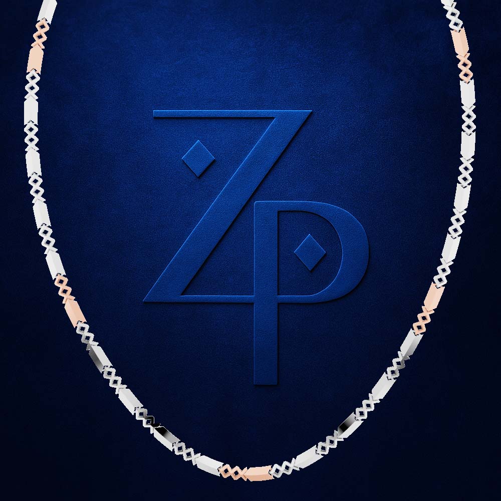 A beaded necklace arranged in an oval shape on a dark blue background, featuring alternating white, rose gold, and silver beads with a large embossed 'ZP' logo in the center.