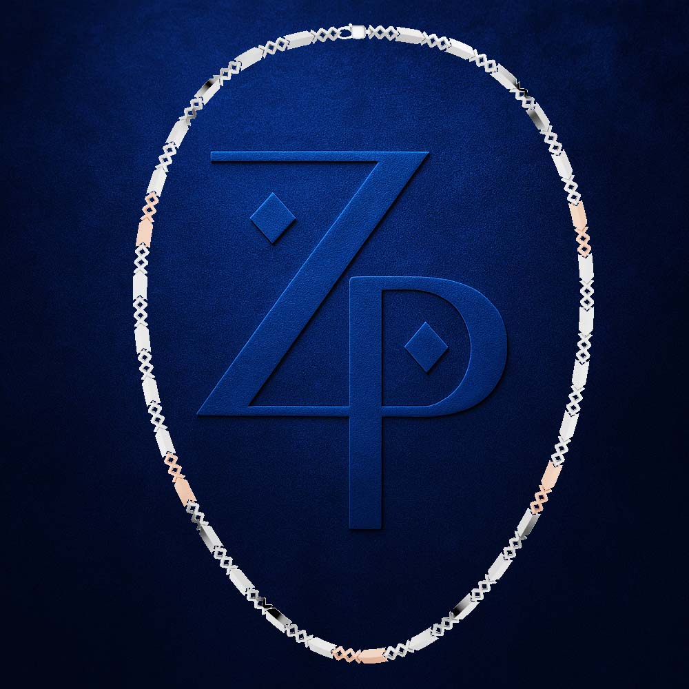 A necklace with a silver-toned chain and alternating white and rose gold oval links, arranged in an oval shape around a large embossed blue 'ZP' logo on a textured dark blue background.