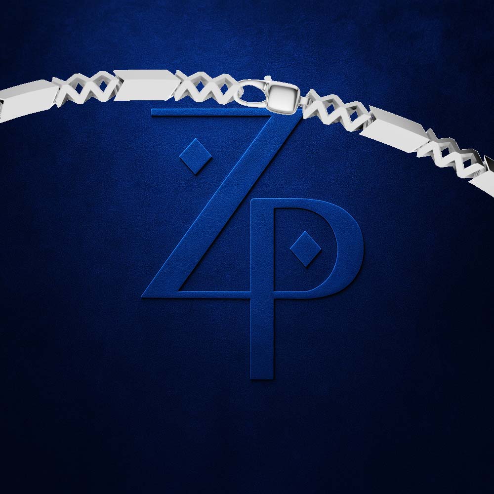 A close-up of a dark blue leather belt with a silver-toned buckle and a large embossed 'ZP' monogram on the front, set against a textured dark blue background.