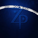 A close-up of a dark blue leather belt with a silver-toned buckle and a large embossed 'ZP' monogram on the front, set against a textured dark blue background.