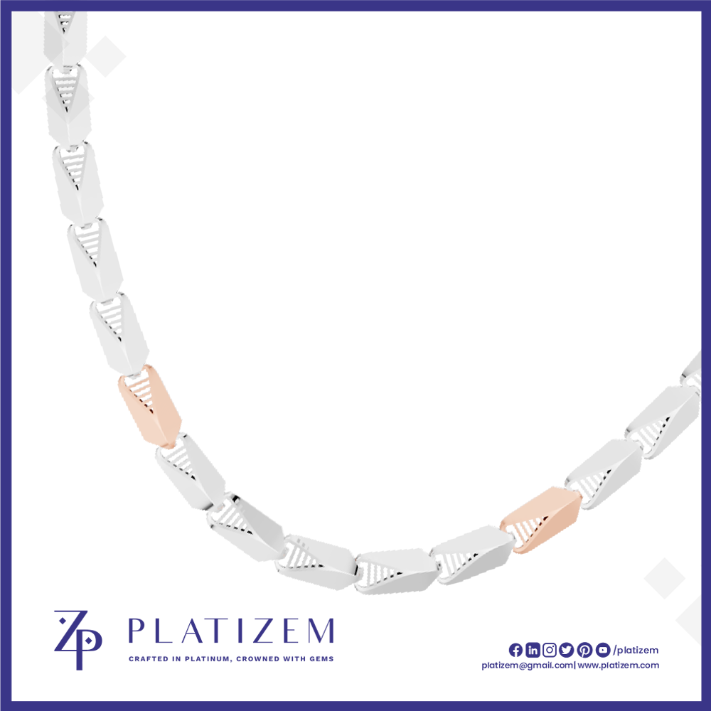 A Platizem link necklace featuring alternating silver and rose gold rectangular links, displayed on a clean white background with a blue border and brand logo at the bottom.