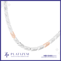 A Platizem link necklace featuring alternating silver and rose gold rectangular links, displayed on a clean white background with a blue border and brand logo at the bottom.